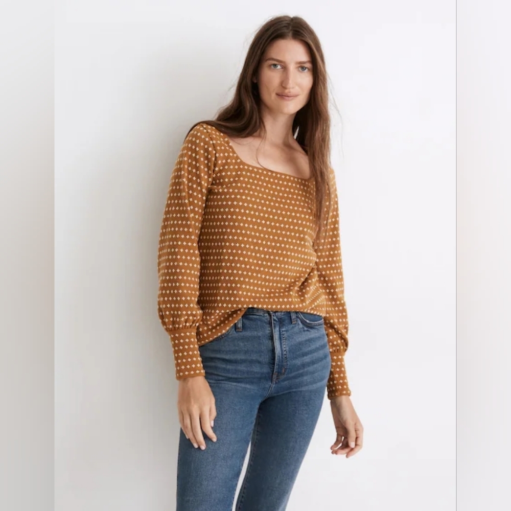 Madewell Jacquard Floral Square Neck Shirt Mustard Yellow White Sz XS Boho